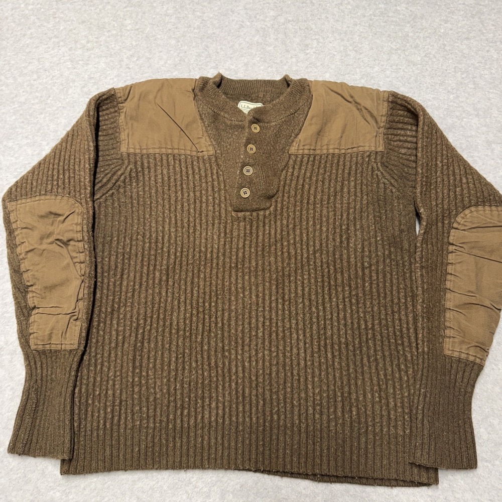 LL Bean Commando Sweater Mens XL Brown Merino Wool Henley Canvas Patches